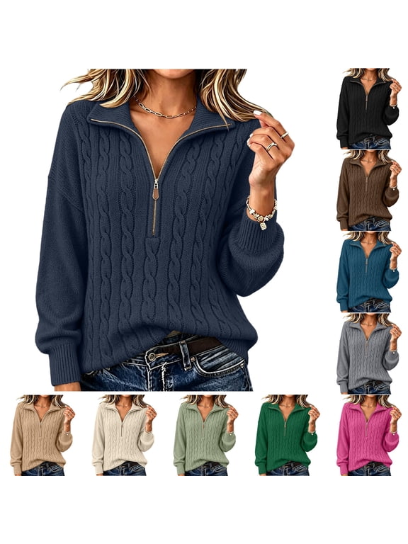 Women's Quarter Zip Collar Cable Knit Pullover Sweater Long Sleeve Loose Casual Warm Knit Jumper for Fall Winter Navy