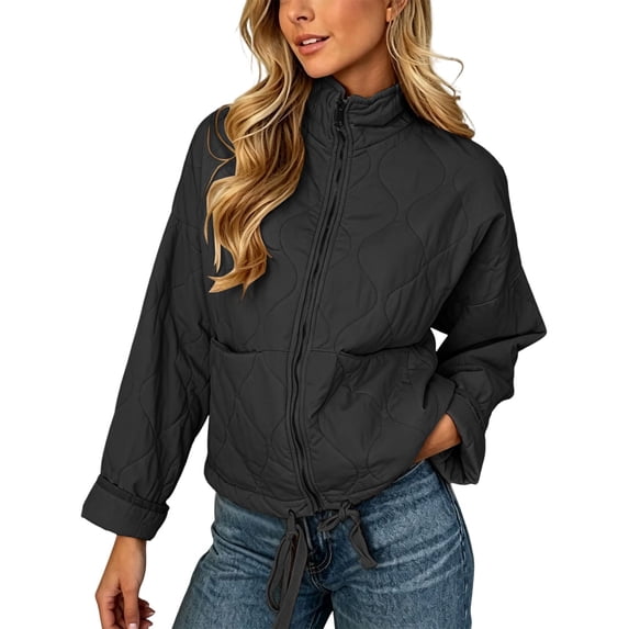 FRSASU Women's Quilted Cropped Jacket Stand Collar Zip Up Lightweight Puffer Coat with Drawstring Hem & Pockets Black