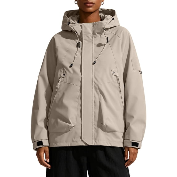 FRSASU Women's Rain Jacket with Hood Oversized Lightweight Hiking Rain Jacket Zip Up Outdoor Coat with Large Zipper Pockets Khaki