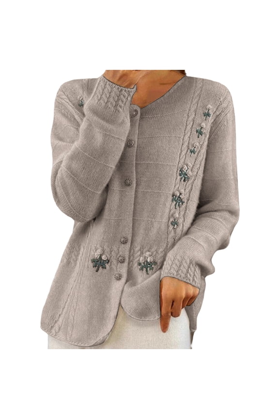 Women's Retro Jacquard Print Knit Cardigan Fall Winter Casual Button Down Crew Neck Warmth Sweater Coffee S(S)