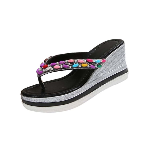 FRSASU Women's Rhinestone Platform Flip Flops Sparkly Wedge Thong Sandals Trendy Outdoor Summer Beach Slide Sandals Black