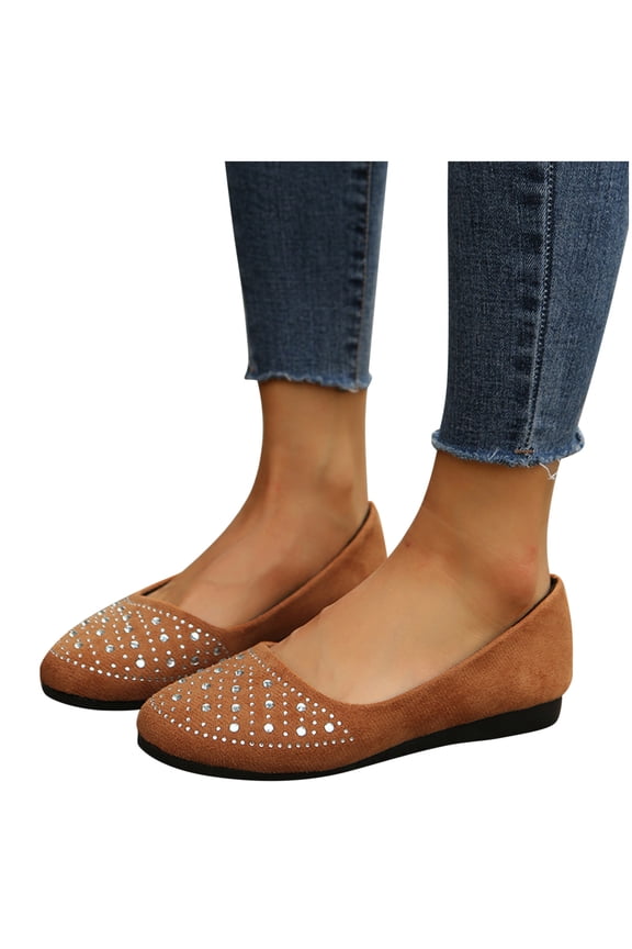 Women's Rhinestone Round Toe Flats Soft Comfortable Arch Support Flats Memory Foam Insole Cushion Slip On Ballet Shoes Coffee