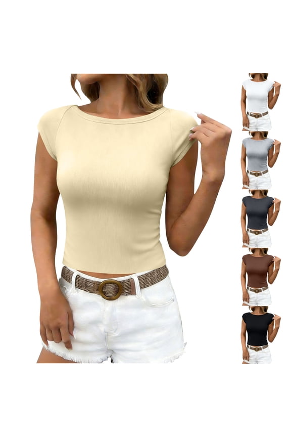 Women's Ribbed Cap Sleeve Tops Spring Summer Short Sleeve Shirts Slim Fit Boat Neck Going Out Crop Basic Tee White