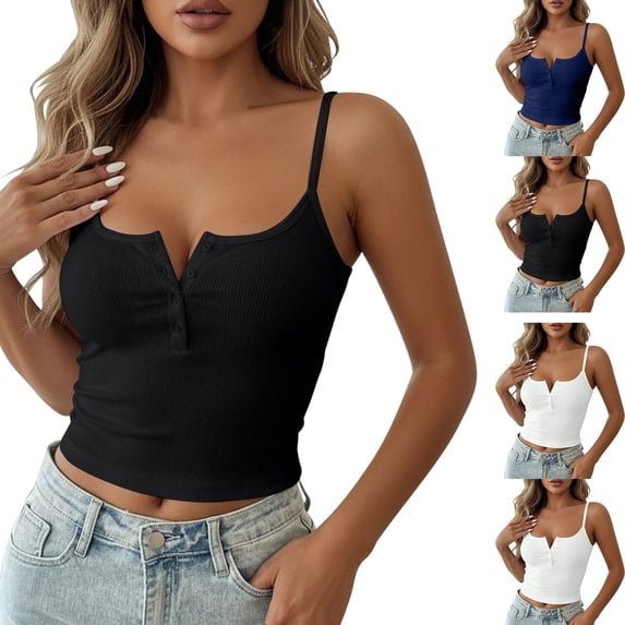 FRSASU Women's Ribbed Henley Tank Tops Square Neck Camisole Adjustable Spaghetti Strap Fitted Summer Shirts White