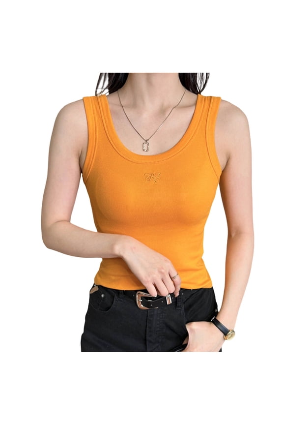 Women's Ribbed Sleeveless One Size Top Racerback Slim Fit Stretch Basic Casual Tank Tops Orange