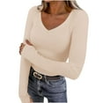 thumbnail image 1 of FRSASU Women's Ribbed V Neck Slim Fitted T Shirts Basic Solid Color Long Sleeve Knit Tee Tops Beige, 1 of 9