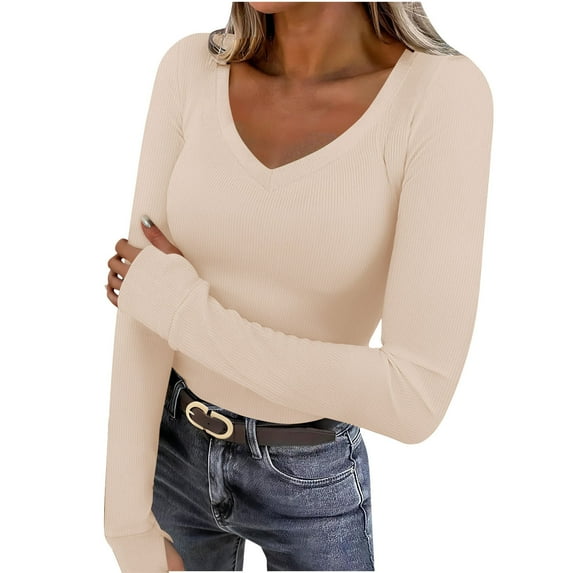 FRSASU Women's Ribbed V Neck Slim Fitted T Shirts Basic Solid Color Long Sleeve Knit Tee Tops Beige