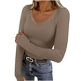 thumbnail image 1 of FRSASU Women's Ribbed V Neck Slim Fitted T Shirts Basic Solid Color Long Sleeve Knit Tee Tops Brown, 1 of 9