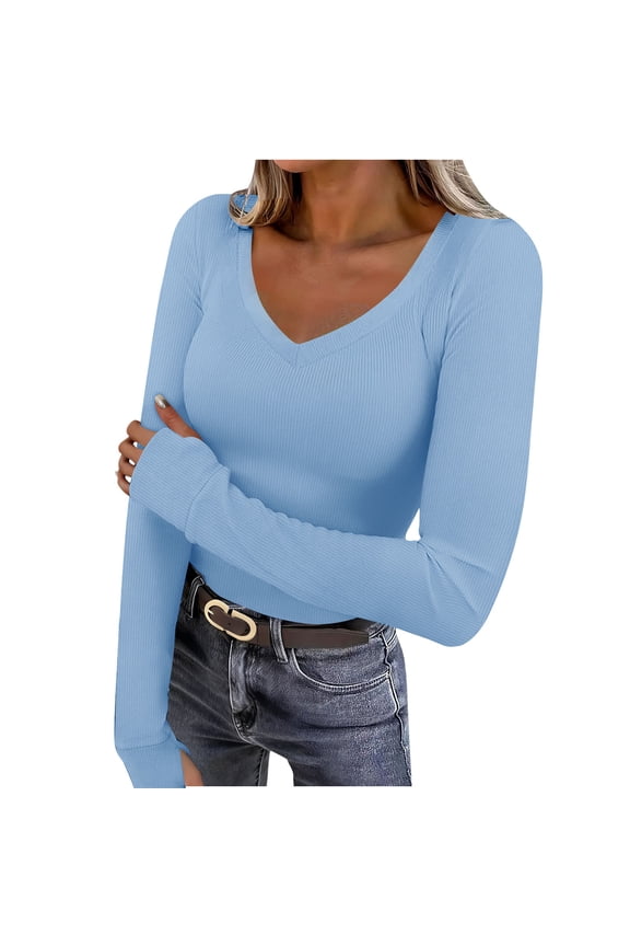 Women's Ribbed V Neck Slim Fitted T Shirts Basic Solid Color Long Sleeve Knit Tee Tops Light Blue