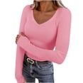 thumbnail image 1 of FRSASU Women's Ribbed V Neck Slim Fitted T Shirts Basic Solid Color Long Sleeve Knit Tee Tops Pink, 1 of 9