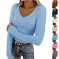 thumbnail image 1 of FRSASU Women's Ribbed V Neck Slim Fitted T Shirts Basic Solid Color Long Sleeve Knit Tee Tops White, 1 of 9