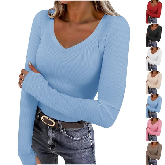 FRSASU Women's Ribbed V Neck Slim Fitted T Shirts Basic Solid Color Long Sleeve Knit Tee Tops White