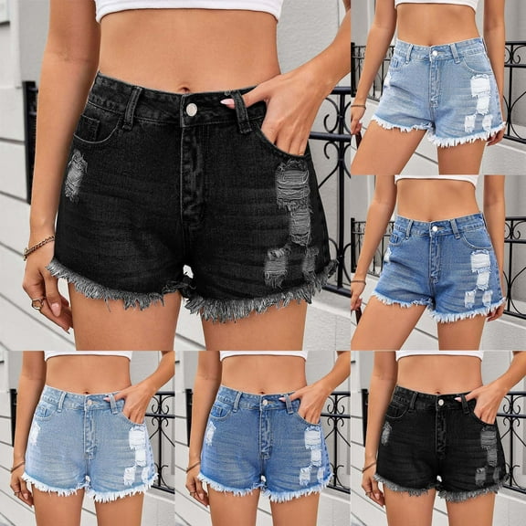 FRSASU Women's Ripped Jean Shorts Mid Rise Button Zipper Summer Casual Pocket Cowboy Pants Light Blue XL(XL)