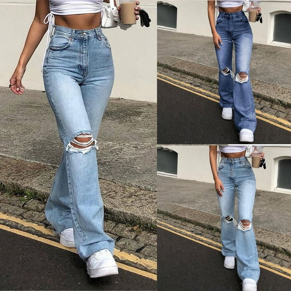 FRSASU Women’s Ripped Jeans High Waisted Distressed Baggy Straight Wide Leg Pants bell-bottoms Gray
