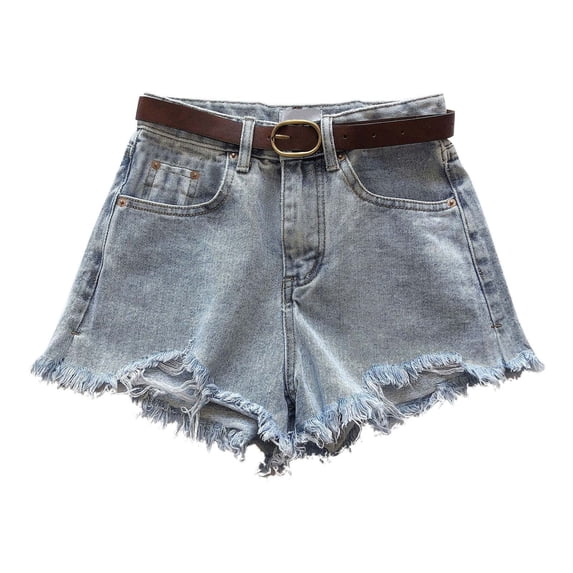 FRSASU Women's Ripped Stretchy Jean Shorts High Waisted Summer Casual Raw Hem Belted Denim Short with Pockets Light Blue