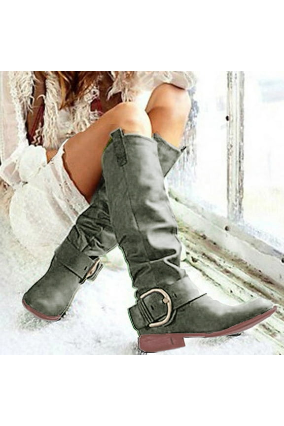 Women's Roman Style Coarse Heel Boots Fashion Comfortable Riding Boots for Women Low Heel jackboot Green
