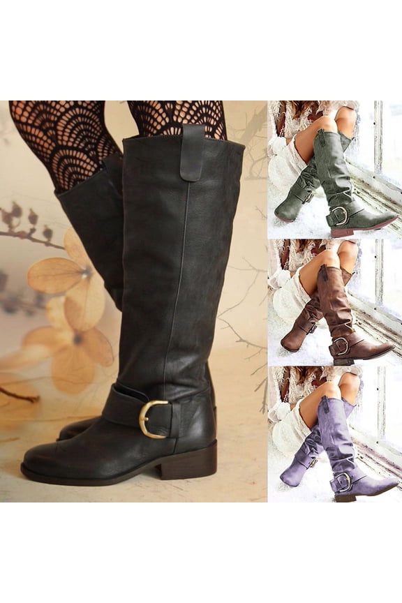 Women's Roman Style Coarse Heel Boots Fashion Comfortable Riding Boots for Women Low Heel jackboot Purple