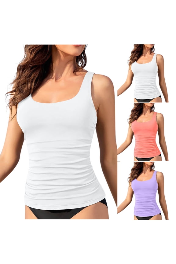 Women's Round Neck Tankini Top - Bathing Suit Top Slim Fit Swim Top Modest Swimsuit Top No Bottom (with Chest Cushion and No Steel Ring) White