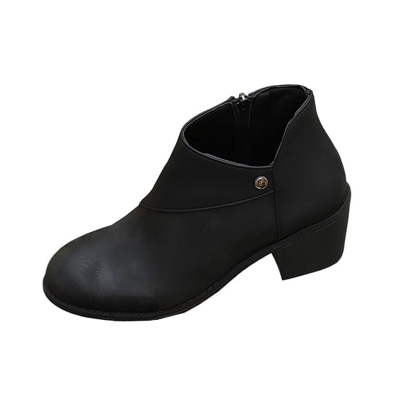 FRSASU Women's Round Toe Ankle Boots Side Zipper Button Detail Low Heel Comfortable Short Boots Casual Pull On Booties Black