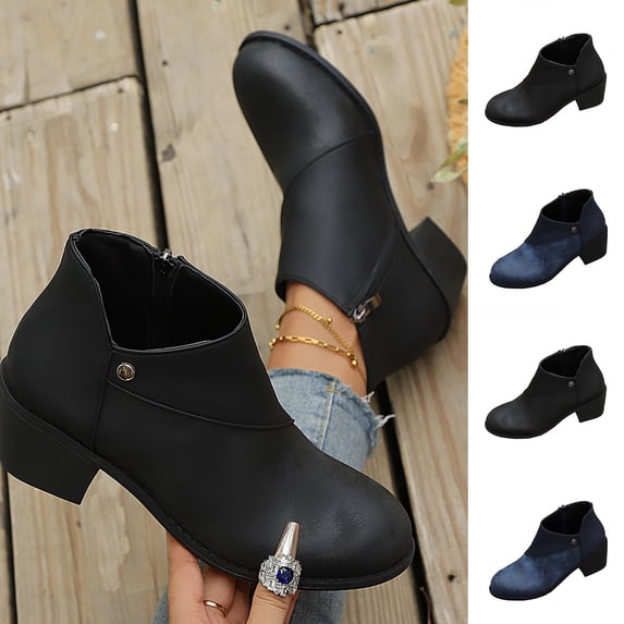 FRSASU Women's Round Toe Ankle Boots Side Zipper Button Detail Low Heel Comfortable Short Boots Casual Pull On Booties Blue