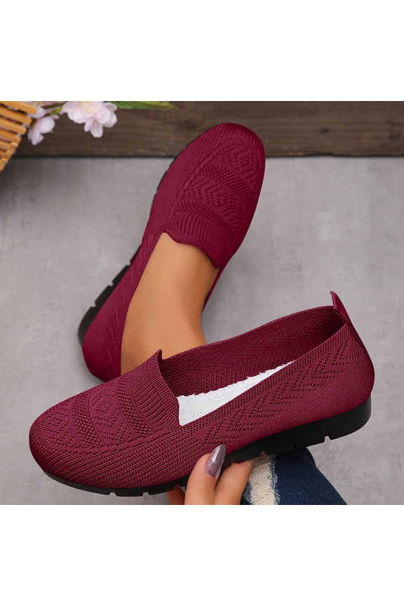 Women's Round Toe Comfortable new style solid color pointed fly woven mesh surface shallow mouth flat bean shoes Red