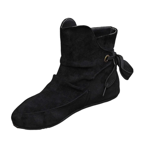 FRSASU Women's Ruched Faux Suede Flat Ankle Boots Back Zipper Bow Decor Soft Round Toe Casual Short Booties Black