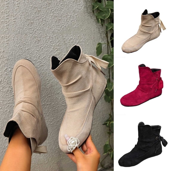 FRSASU Women's Ruched Faux Suede Flat Ankle Boots Back Zipper Bow Decor Soft Round Toe Casual Short Booties Wine