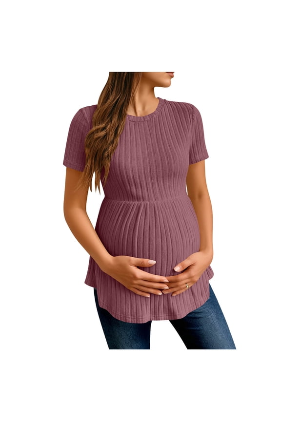 Women's Ruffle Hem Maternity T Shirt Short Sleeve Crewneck Ribbed Knit Peplum Tee Tops Purple