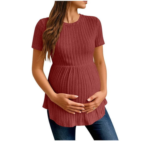 FRSASU Women's Ruffle Hem Maternity T Shirt Short Sleeve Crewneck Ribbed Knit Peplum Tee Tops Red