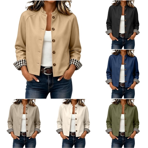 FRSASU Women's Ruffle Stand Collar Cropped Trench Coat Button Down Single Breasted Windbreaker Long Sleeve Cropped Jackets Navy