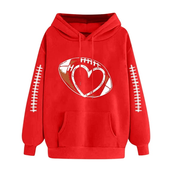 FRSASU Women's Rugby Print Tops Long Sleeve Hooded Sweatshirt Pullover Hoodie Sweatshirt with Pocket Red XXL(XXL)