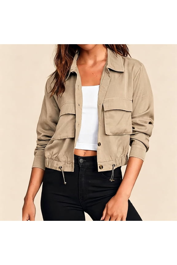 Women's Safari Cropped Jackets Button Down Lightweight Oversized Utility Anorak Coat with Pockets Khaki