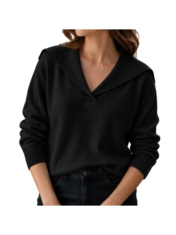 Women's Sailor Collar Sweater V Neck Long Sleeve Loose Fit Knit Pullover Casual Soft Jumper Tops Black