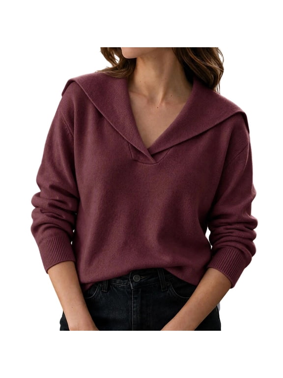 Women's Sailor Collar Sweater V Neck Long Sleeve Loose Fit Knit Pullover Casual Soft Jumper Tops Wine