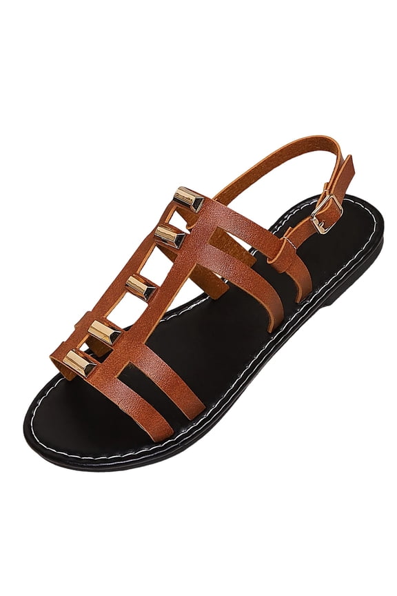 Women's Sandals Ankle Buckle Strap Flat Heels Beach Shoes Ladies Flat Heels Clip-toe Casual Rome Sandals Brown