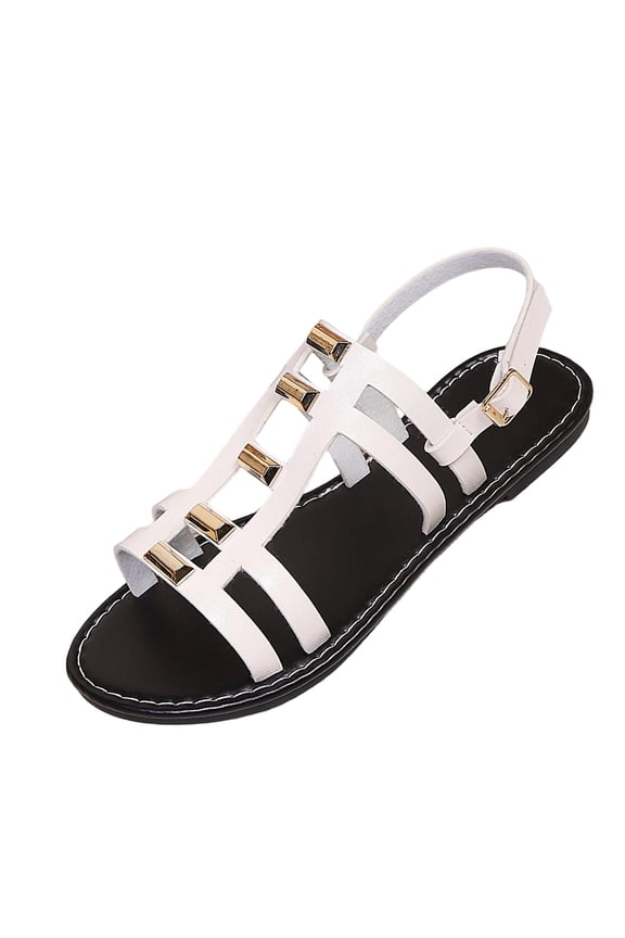 Women's Sandals Ankle Buckle Strap Flat Heels Beach Shoes Ladies Flat Heels Clip-toe Casual Rome Sandals White