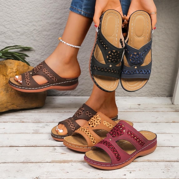 FRSASU Women's Sandals Summer Solid Slip On Casual Open Toe Wedges Soft Bottom Breathable Slides Sandalias Wine