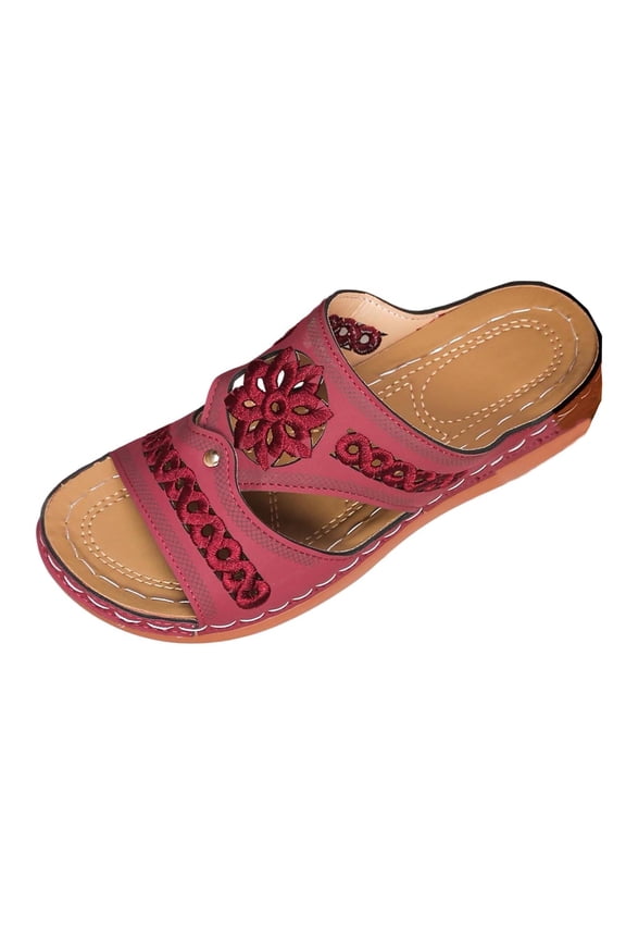 Women's Sandals Summer Solid Slip On Casual Open Toe Wedges Soft Bottom Breathable Slides Sandalias Wine