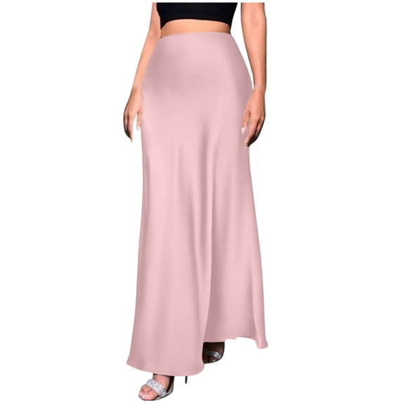 FRSASU Women's Satin High Waist Elastic Maxi Skirt Silk Elegant Dressy Bodycon A-Line Long Skirts Pink