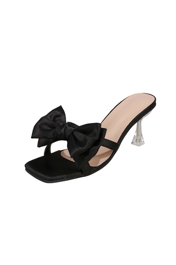 Women's Satin Kitten Heels Mules Sandals Slip On Bowknot Open Toe Backless Dress Low Heeled Slipper Slides Black