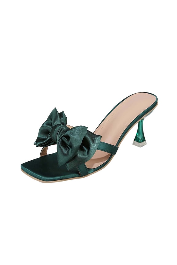 Women's Satin Kitten Heels Mules Sandals Slip On Bowknot Open Toe Backless Dress Low Heeled Slipper Slides Green