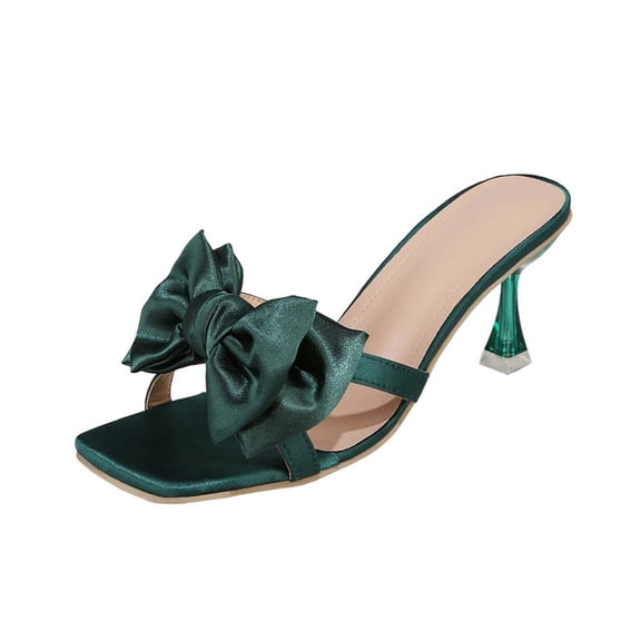 FRSASU Women's Satin Kitten Heels Mules Sandals Slip On Bowknot Open Toe Backless Dress Low Heeled Slipper Slides Green