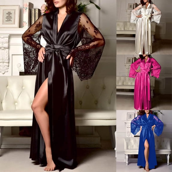 FRSASU Women's Satin Robe Black Silk Kimono Bride Robe Lightweight Long Lace Loungewear Sleepwear White-A