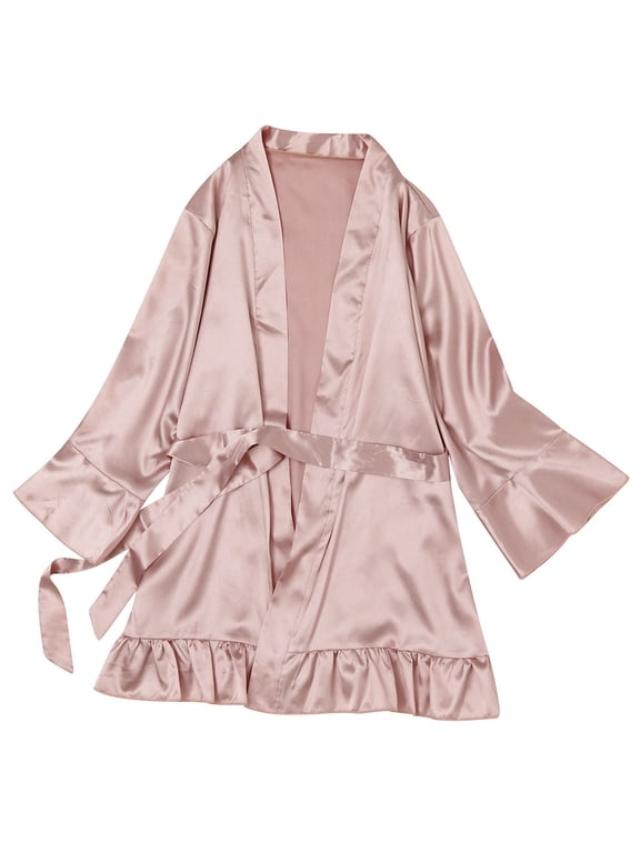 Women's Satin Robe for Women Kimono Bathrobe Short Ruffle Belted Robes Bridesmaids Sleepwear Pink