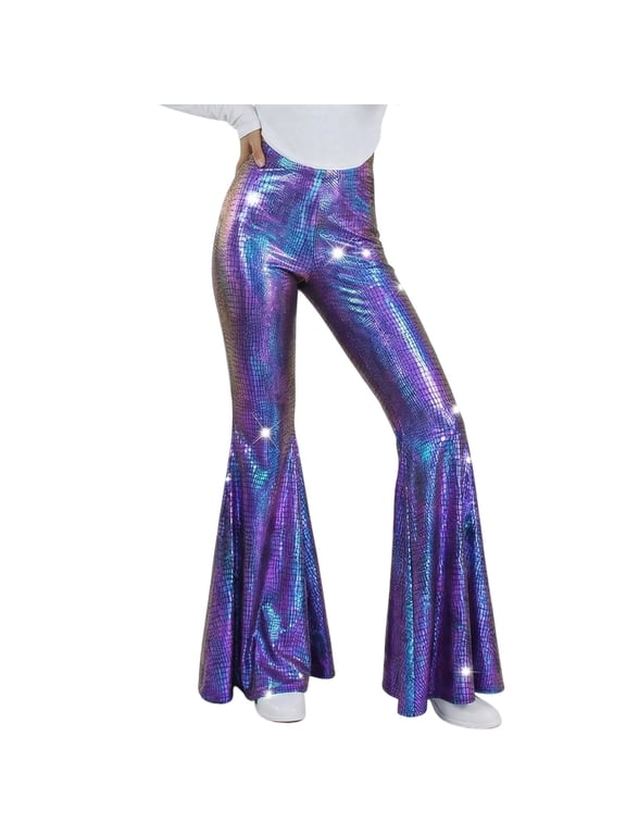 Women's Sequin Flare Pant Sparkly High Waisted Leg Bell Bottom Glitter Trousers Night Out Clubwear Blue