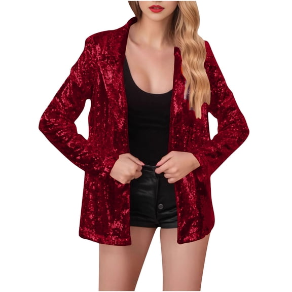 FRSASU Women's Sequin Jackets Open Front Blazer Jacket Casual Long Sleeve Glitter Sparkly Cardigan Coat Red