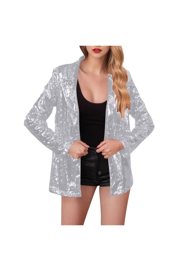Women's Sequin Jackets Open Front Blazer Jacket Casual Long Sleeve Glitter Sparkly Cardigan Coat Silver