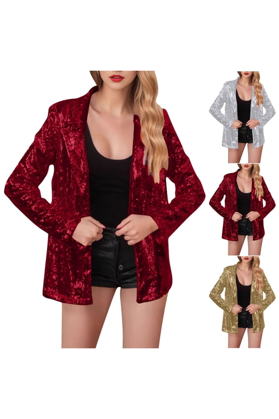 Women's Sequin Jackets Open Front Blazer Jacket Casual Long Sleeve Glitter Sparkly Cardigan Coat Silver