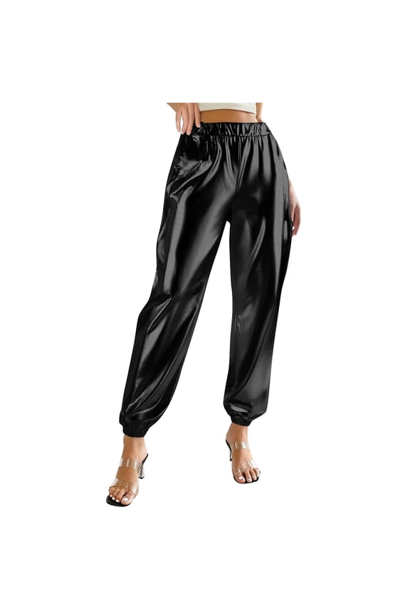 Women's Shiny Jogger Pants Stretch High Waist Track Pants Sequin Party Club Dancing Night Out Disco Sweatpants Black