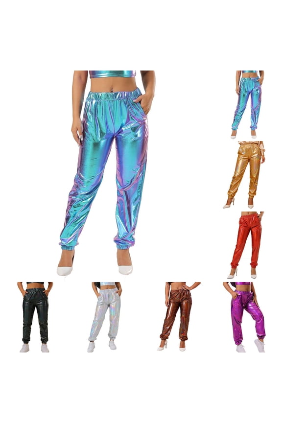 Women's Shiny Metallic Pants Fashion Colorful Bright Casual Pants with Pockets Red